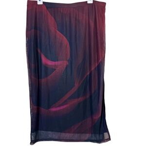 Y2K 90s‎ Mesh Skirt XL Midi Dark Rose Print Stretch Witchy Whimsigoth